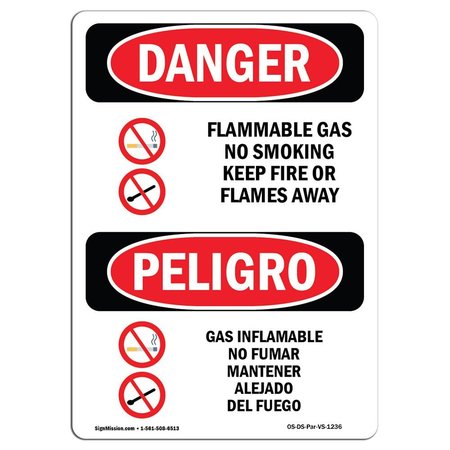 SIGNMISSION Safety Sign, OSHA Danger, 24" Height, Aluminum, Flammable Gas No Smoking Spanish OS-DS-A-1824-VS-1236